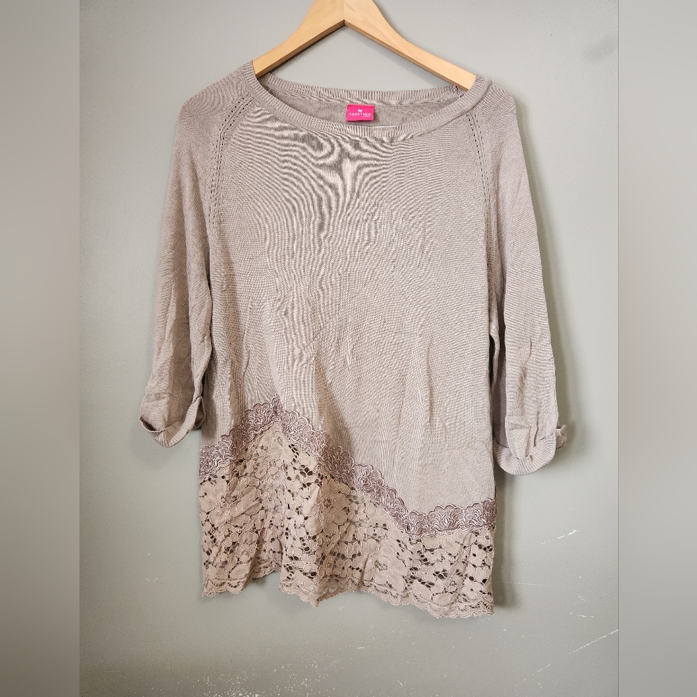 Together Taupe Lace Accent Blouse